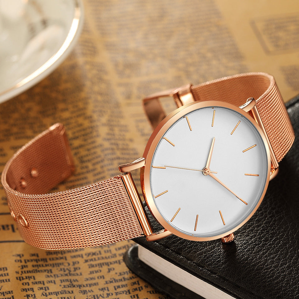 Elegant Rose Metal Mesh Watch